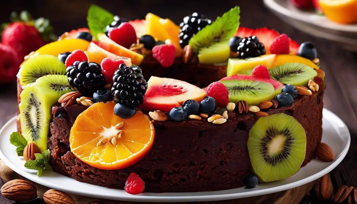A close-up image of a slice of fruit cake that showcases its richness and abundance of fruits and nuts.