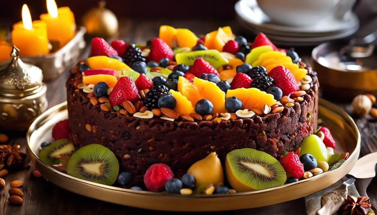 A beautifully decorated fruit cake with colorful fruits and nuts on top, surrounded by a holiday-themed table setting.