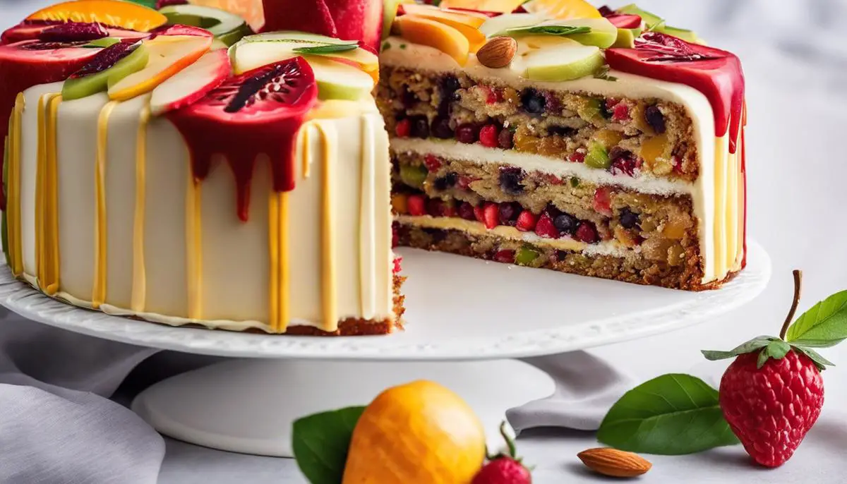 A deliciously baked fruit cake with layers of fruits and almonds on top, covered with marzipan and royal icing. The cake is beautifully decorated and ready to be sliced.