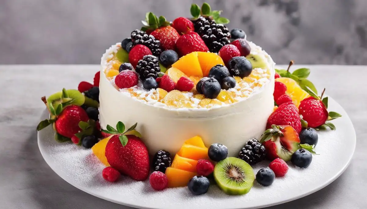 A delicious fruit cake adorned with colorful fruits and topped with a dusting of powdered sugar