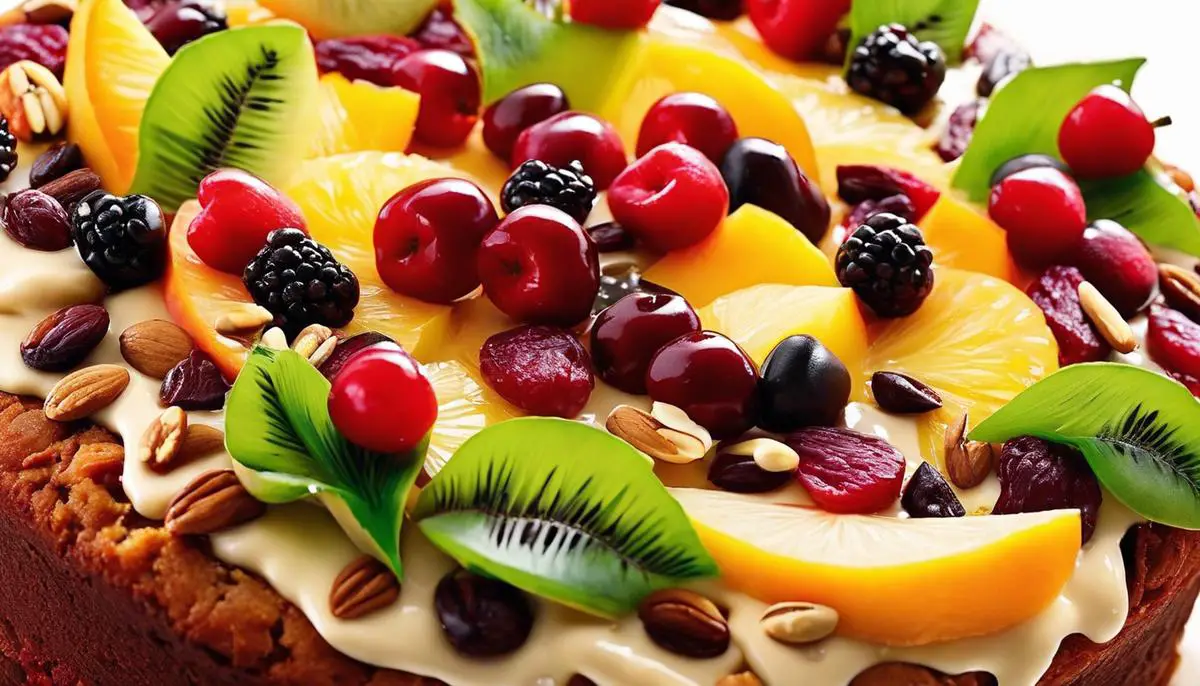 A vibrant, colorful fruit cake with a mix of tropical fruits, cherries, and sultanas, garnished with nuts and seeds.