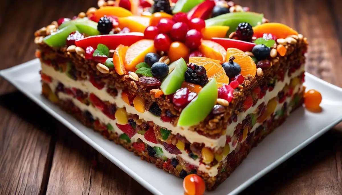 A close-up image of a homemade fruit cake covered in candied fruits and nuts.