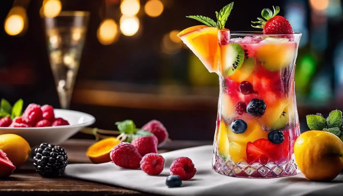 A delicious and colorful fruit cocktail with a mix of various fruits served in a fancy glass.