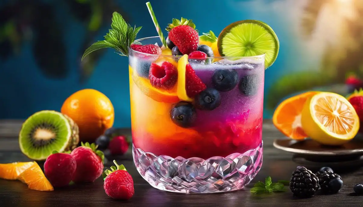 A vibrant and colorful fruit cocktail with fresh ingredients and a variety of textures.