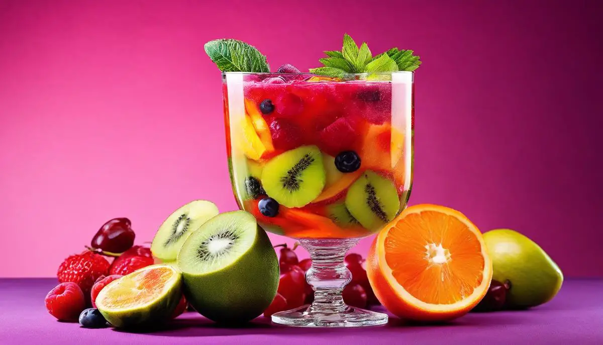 A vibrant, colorful fruit cocktail containing a variety of fruits and served in a glass bowl.