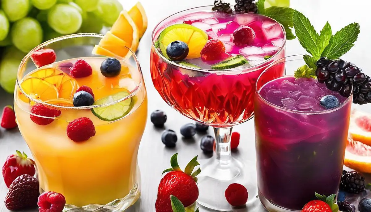 A colorful fruit cocktail with various fruits and garnishes, showcasing the artistry and creativity that goes into creating a visually appealing drink.