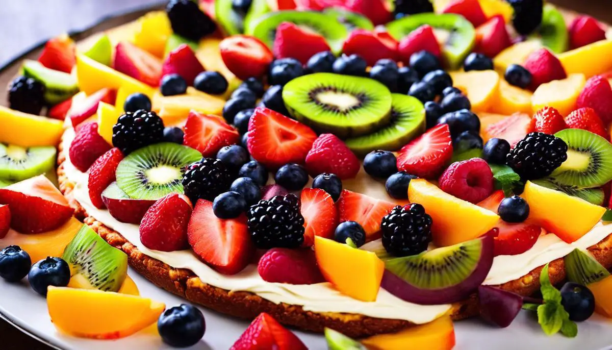 A colorful fruit pizza with various slices of fruits arranged in a delightful pattern