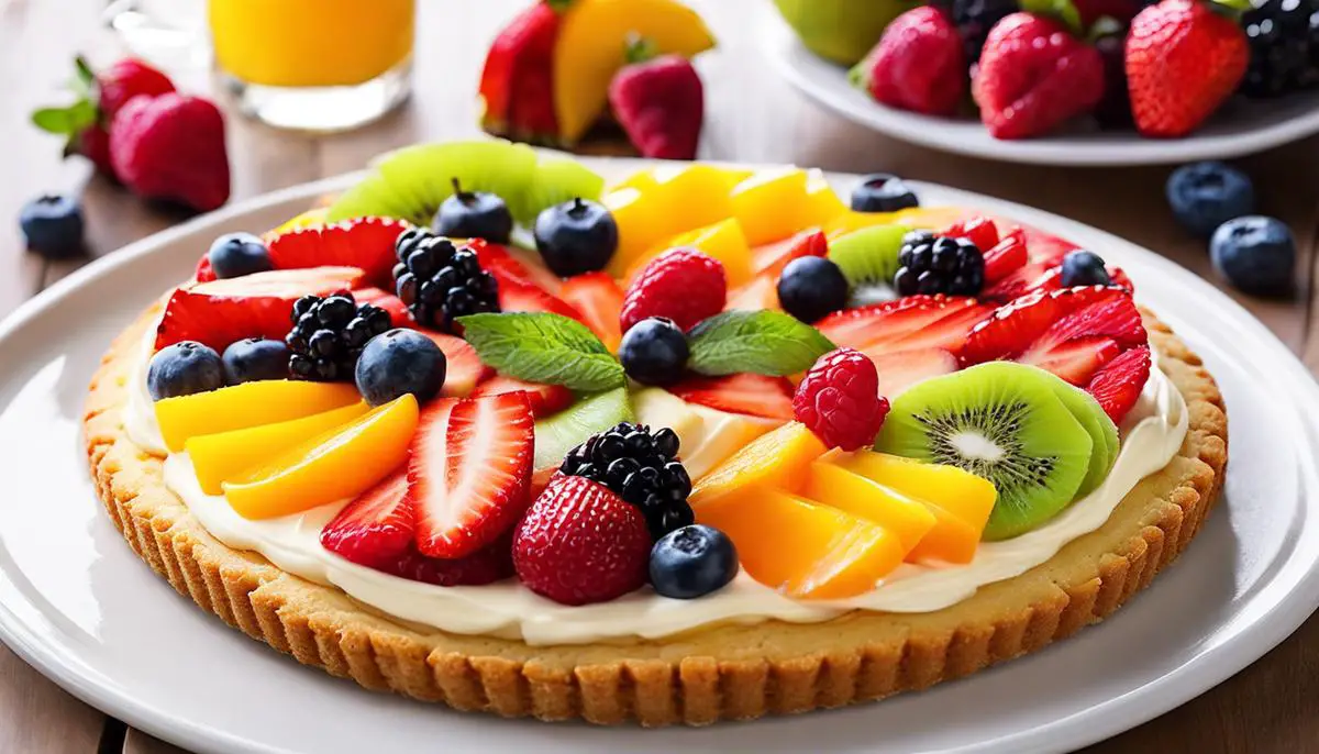 A visually appealing image of a fruit pizza with bright and colorful fruits neatly arranged on top of a sugar cookie crust, drizzled with a creamy sweet cream cheese icing.