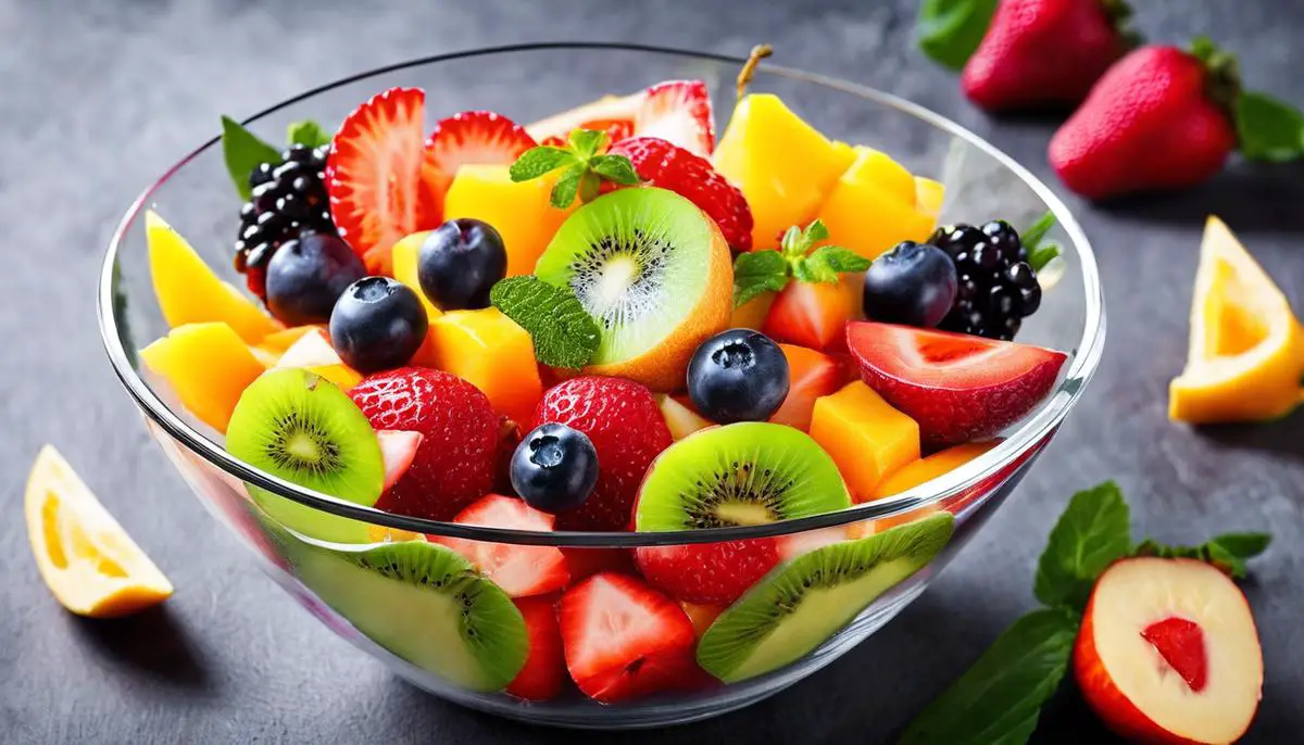A colorful fruit salad with various fruits, beautifully arranged in a glass bowl.