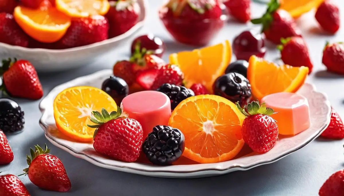 A colorful plate of homemade fruit candy with strawberries, orange slices, and various berry candies.