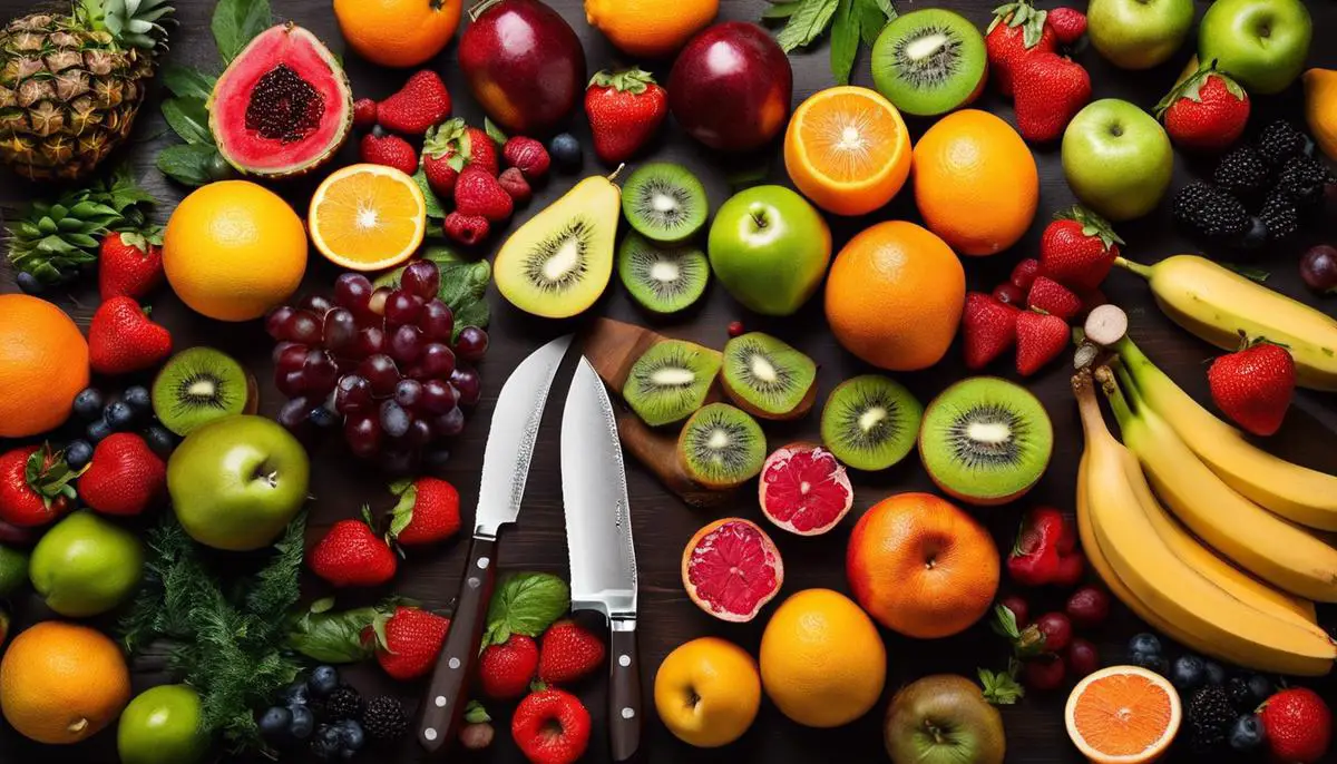 Image of various fresh fruits and knives for prepping and cutting fruits