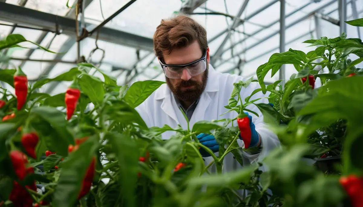 A researcher examining ghost pepper plants in a modern greenhouse setting