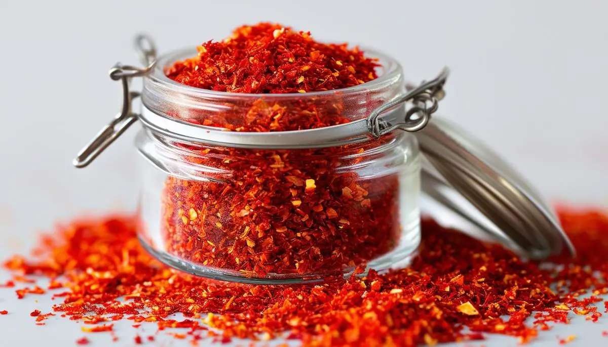 Bright red ghost pepper flakes stored in a clear, airtight glass jar