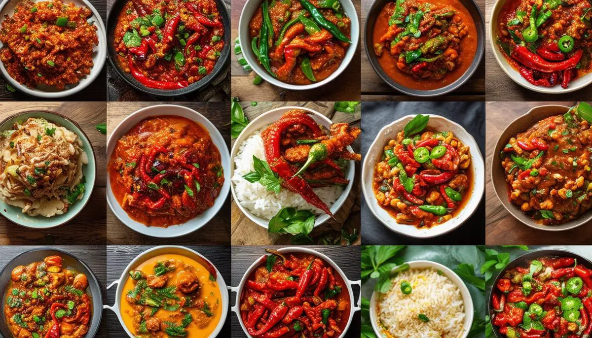 A collage of various international dishes incorporating ghost peppers
