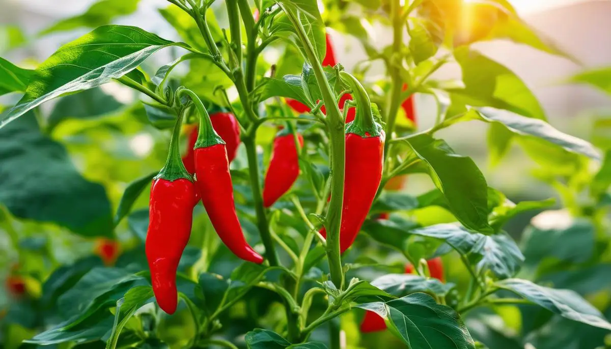 A thriving ghost pepper plant with lush green leaves and bright red chili peppers growing in a sunny outdoor setting