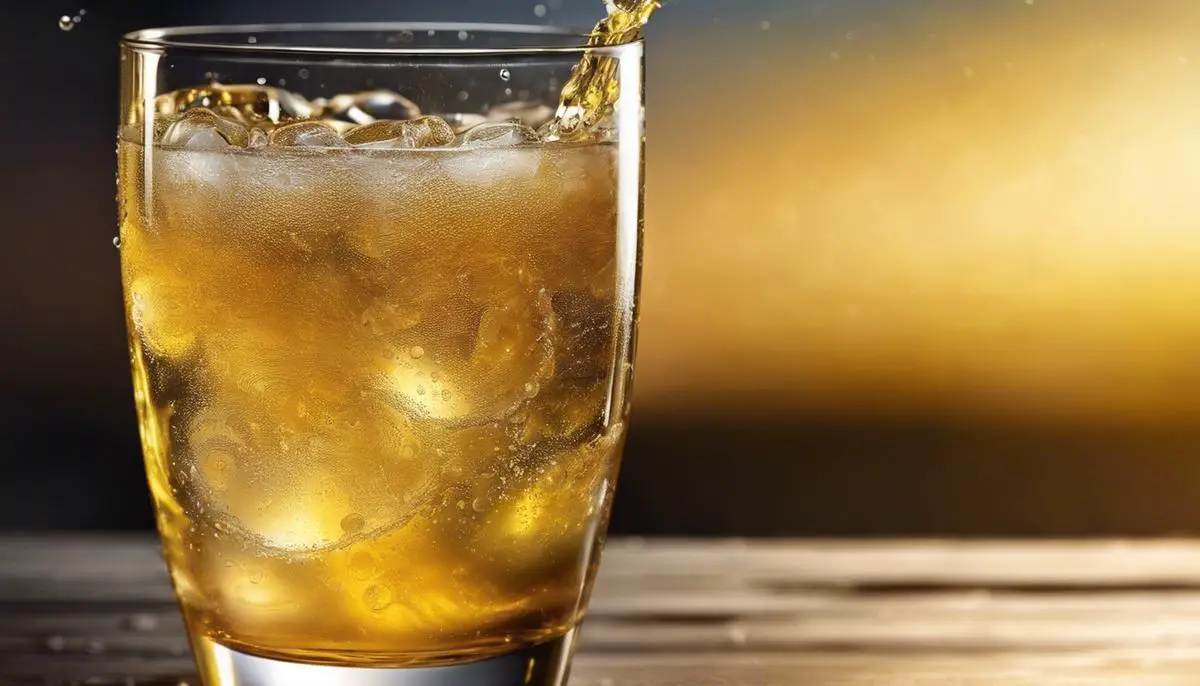 An image of a glass of ginger ale with bubbles fizzing up, showcasing the tantalizing golden hue of the drink.