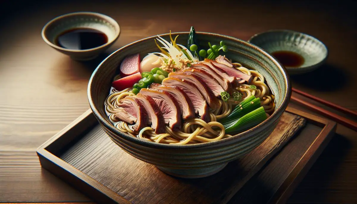 A delicious bowl of Gion duck noodles, symbolizing the rich culinary tradition of Kyoto. Avoid using words, letters or labels in the image when possible.