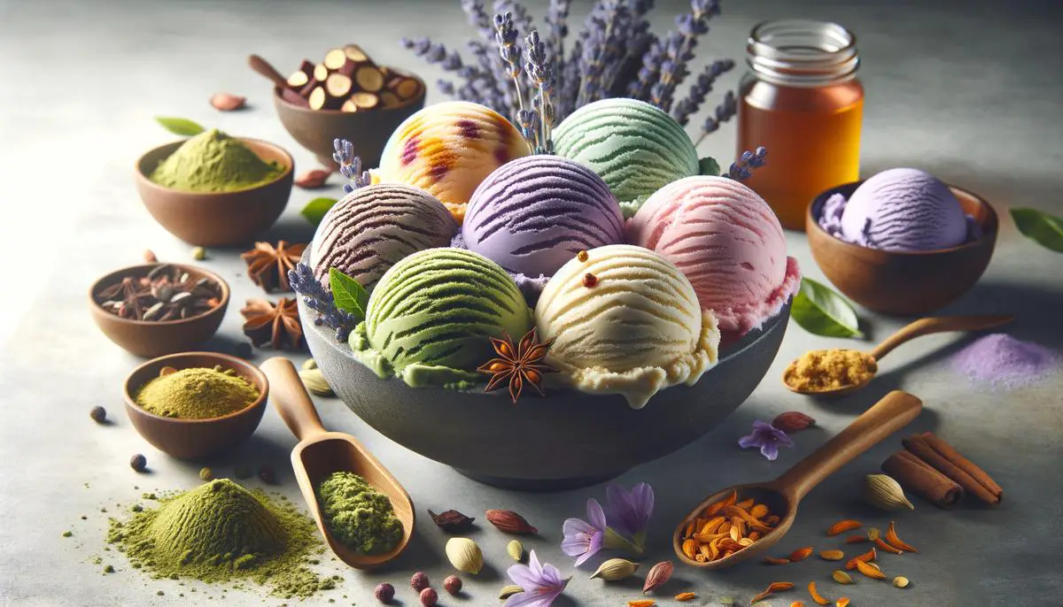 A diverse array of ice cream flavors from around the world, such as matcha green tea from Japan, açaí from Brazil, lavender honey from France, and saffron cardamom from India, showcasing the global exchange of flavors in the ice cream industry.
