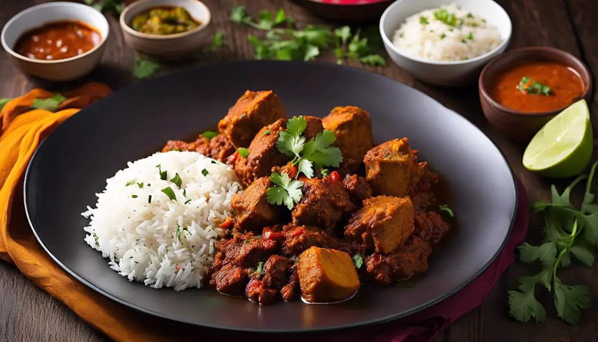 A plate of Goan Vindaloo, showcasing the vibrant colors and bold flavors of the dish