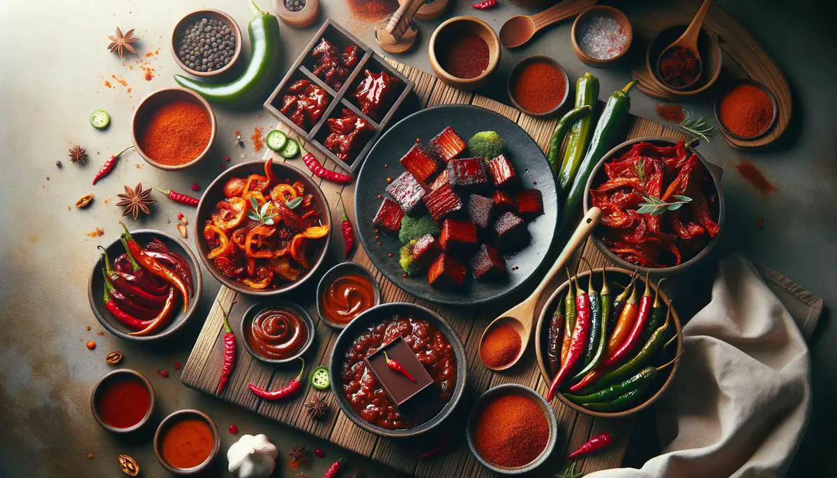 Various Korean dishes incorporating gochugaru, including marinades, stews, and a spicy chocolate ganache tart.