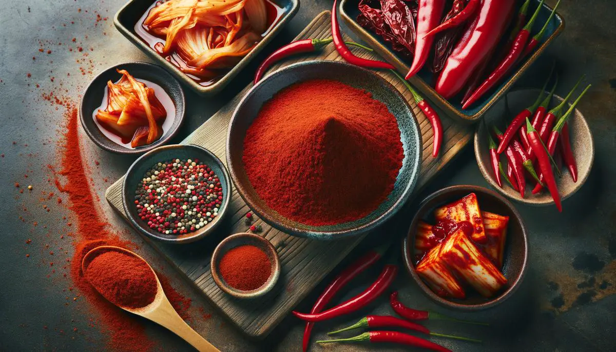 Gochugaru powder being used in traditional Korean dishes like kimchi and tteokbokki, showcasing its versatility and importance in Korean cuisine