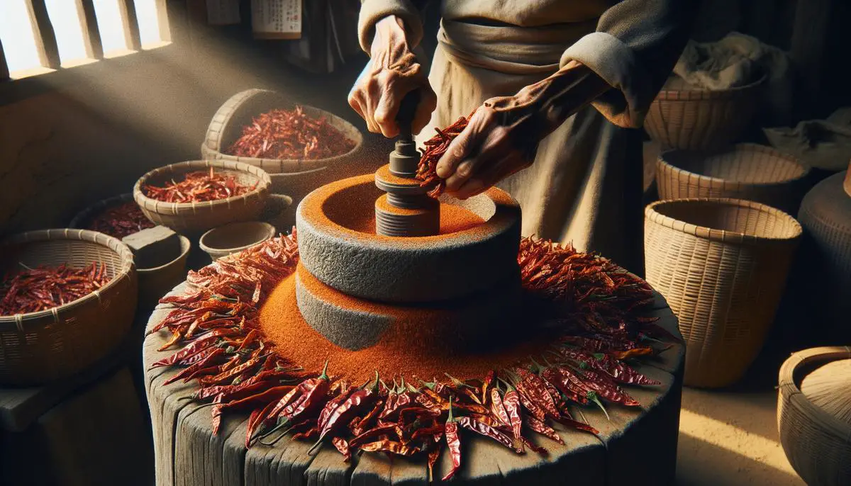 Sun-dried red chili peppers being ground into gochugaru powder using traditional stone mills, showcasing the artisanal production process and the spice's connection to its cultural roots