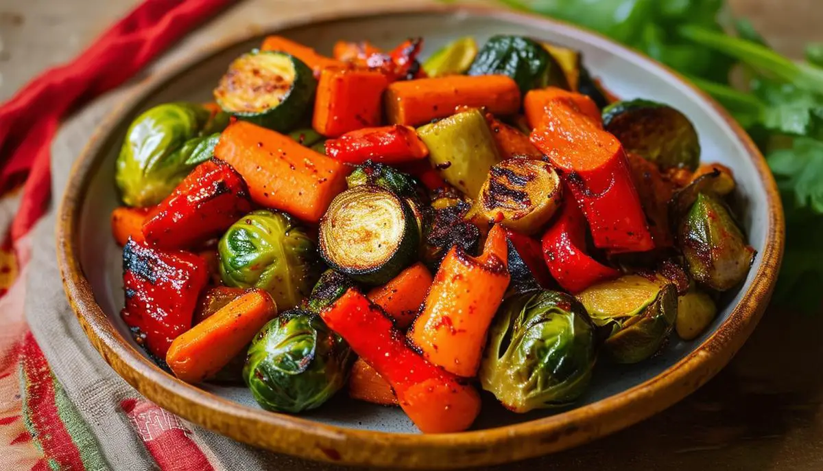 A colorful plate of gochugaru spiced roasted vegetables, including carrots, bell peppers, zucchini, and Brussels sprouts, with a slight char and reddish hue from the gochugaru.