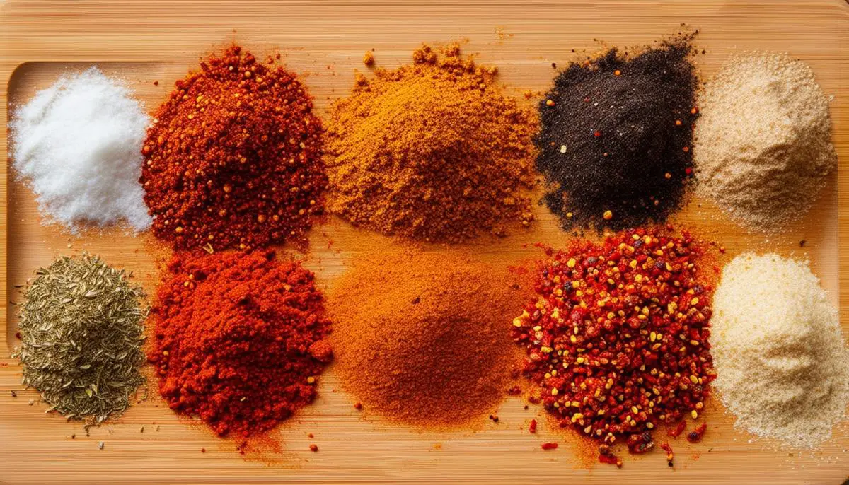 Various gochugaru substitutes like Aleppo pepper, crushed red pepper flakes, and ancho chili powder arranged on a wooden cutting board, showcasing the diversity of these alternatives