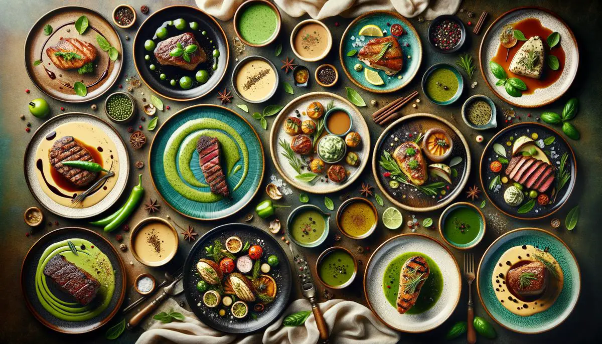 Collage of elegant gourmet dishes featuring green peppercorn sauces, including steak au poivre, creamy green peppercorn chicken, and other plated meals showcasing the peppercorns