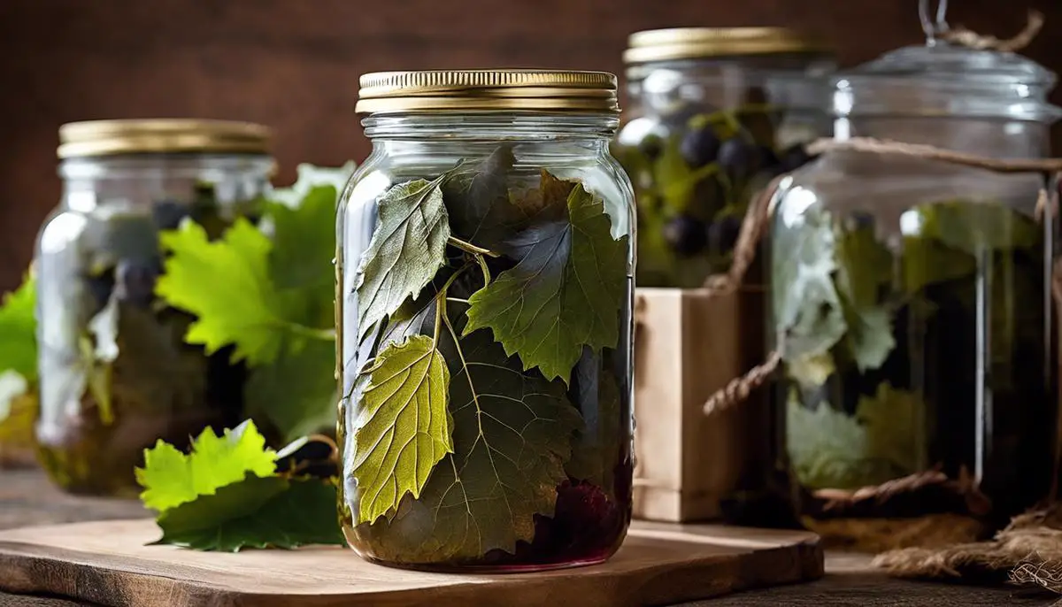 Image of preserved grape leaves stored in a jar