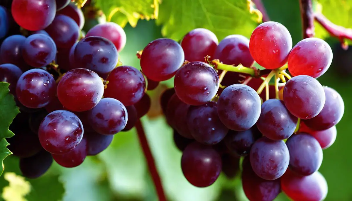 A close-up image of red Champagne grapes on a vine, ready to be harvested and enjoyed in a healthy diet.