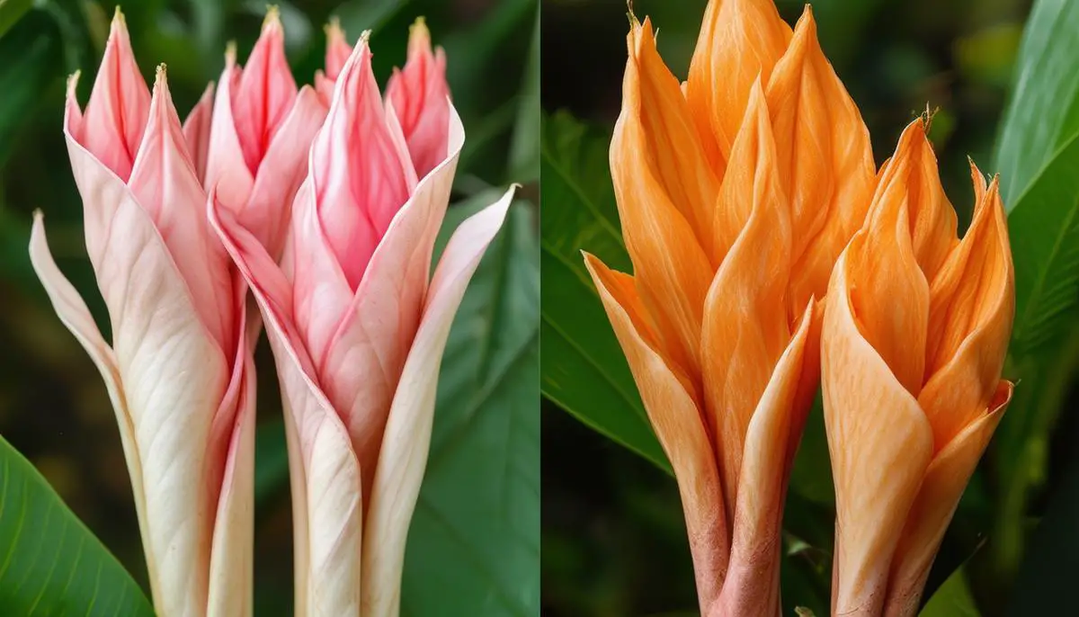 Side-by-side comparison of greater galangal with its pale appearance and pink shoots, and lesser galangal with its darker hue and orange undertones, highlighting the visual differences between the two main varieties of galangal.