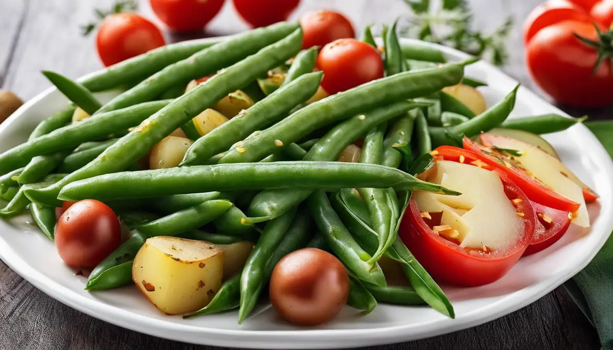 Image of green beans, tomatoes, and potatoes on a plate representing the text about these ingredients