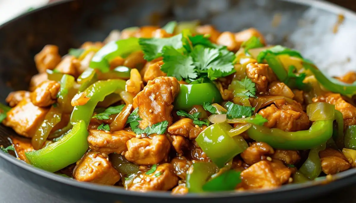 A colorful stir-fry with green bell peppers, onions, garlic, and chicken or tofu in a savory sauce, garnished with fresh cilantro.