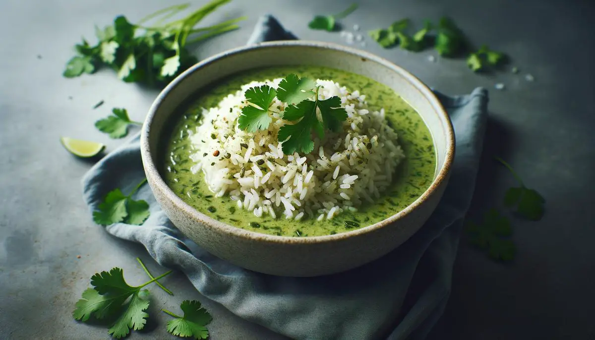 Steaming bowl of fragrant Thai green curry rice with fresh cilantro garnish