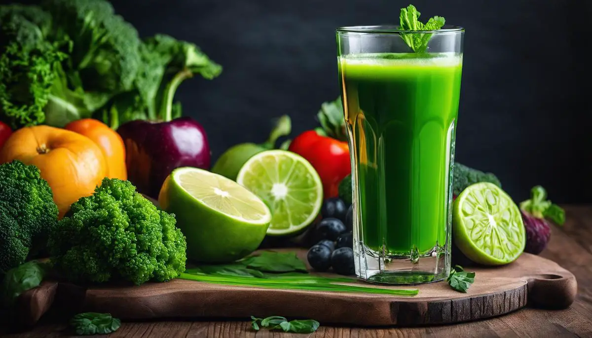 A glass of vibrant green juice with fresh vegetables and fruits, symbolizing health and vitality for those who are visually impaired