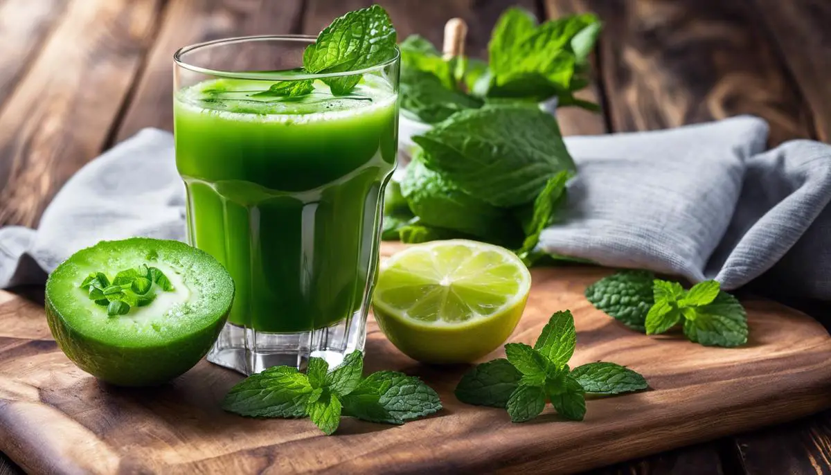 A glass of green juice on a wooden table, garnished with slices of cucumber and mint leaves, representing the refreshing and healthy nature of green juice.