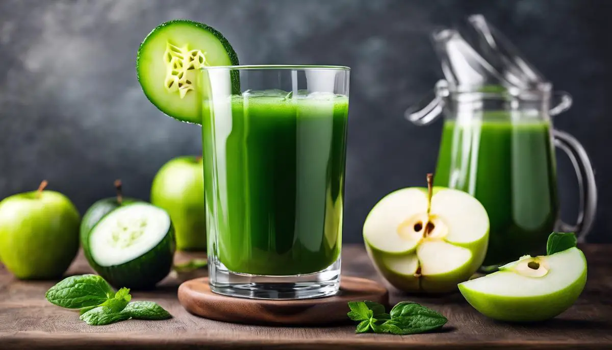 A vibrant green juice in a glass with slices of apple and cucumber on top, representing the refreshing and healthy nature of green juice.