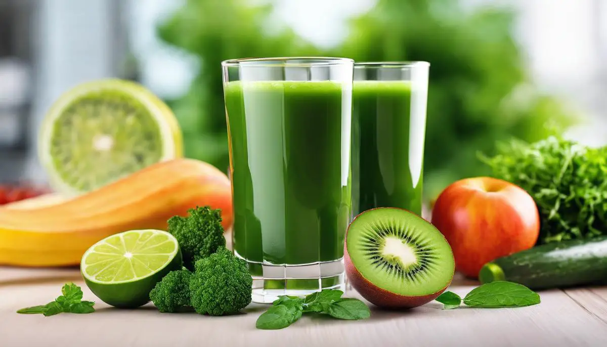 A glass of green juice with fresh fruits and vegetables, representing the healthy benefits of green juice for someone visually impared