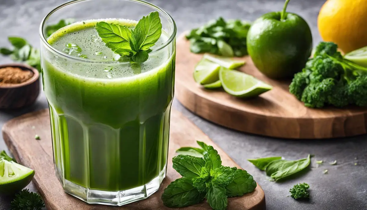 A refreshing glass of green juice filled with vibrant ingredients.