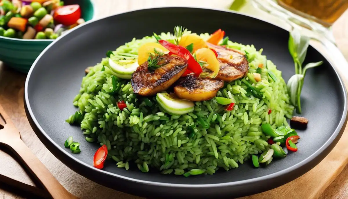 A plate of green rice with vibrant colors and herbs, bringing a splash of life to the table.
