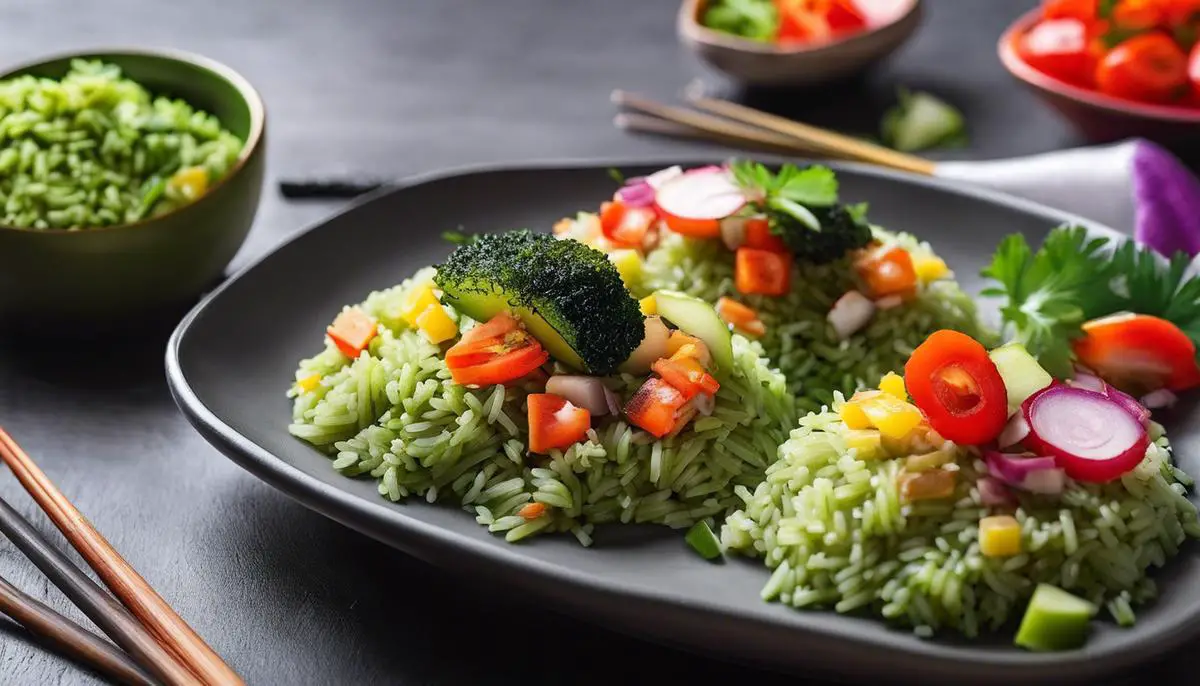 A plate of green rice with vibrant colors, showcasing the artistic fusion of flavor and color.