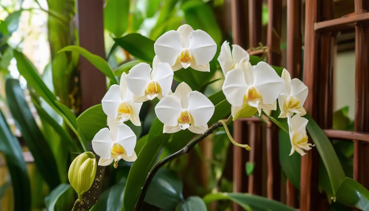 A vanilla orchid plant growing in a home setting, supported by a trellis and surrounded by high humidity.
