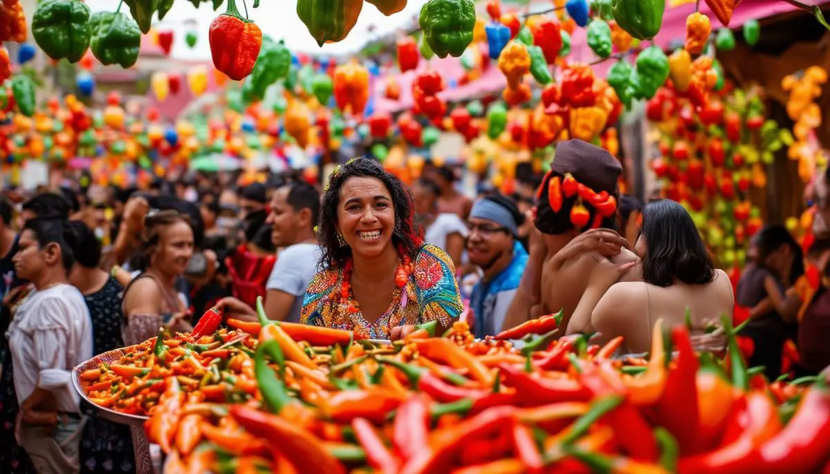People celebrating at a habanero festival, with colorful decorations and spicy dishes, showcasing the pepper's cultural significance.
