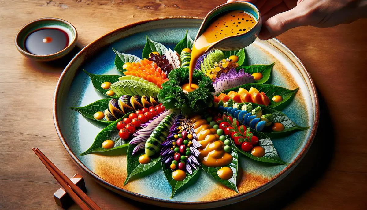 A beautifully crafted and colorful dressing for Hakusai leaves, enhancing the flavors visually for those enjoying this culinary delight.