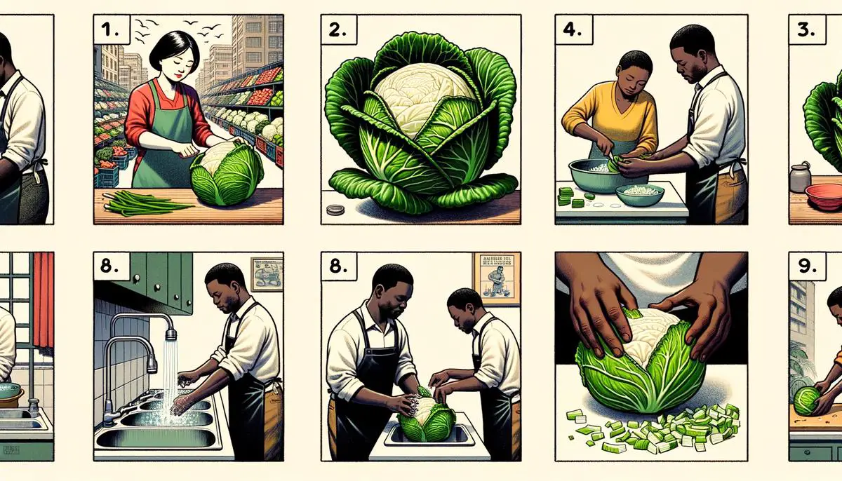 An image showing the step by step process of choosing and prepping Hakusai for cooking