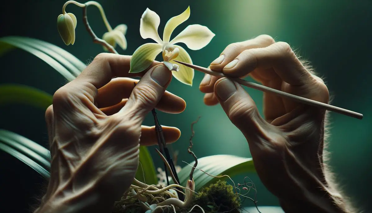 A person's hands delicately pollinating a pale green vanilla orchid flower against a blurred green background