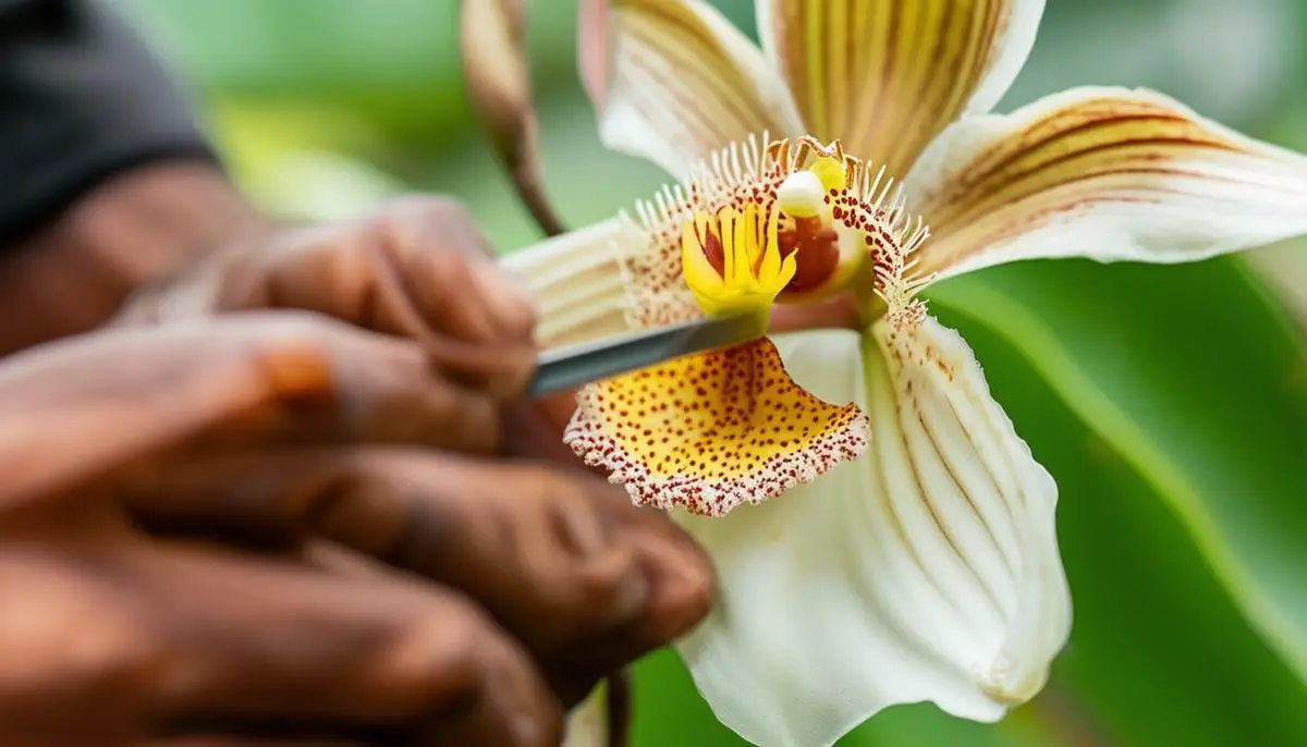 A close-up photograph of a skilled worker hand-pollinating a vanilla orchid flower using a small tool.
