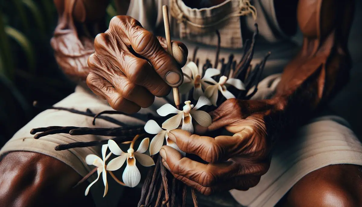 Close up of a Tahitian vanilla farmer hand pollinating delicate white vanilla orchid flowers with a small wooden stick