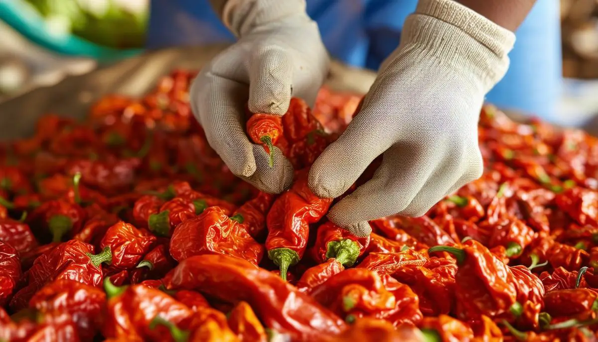 A person wearing gloves and handling dried habanero peppers, demonstrating proper safety techniques.